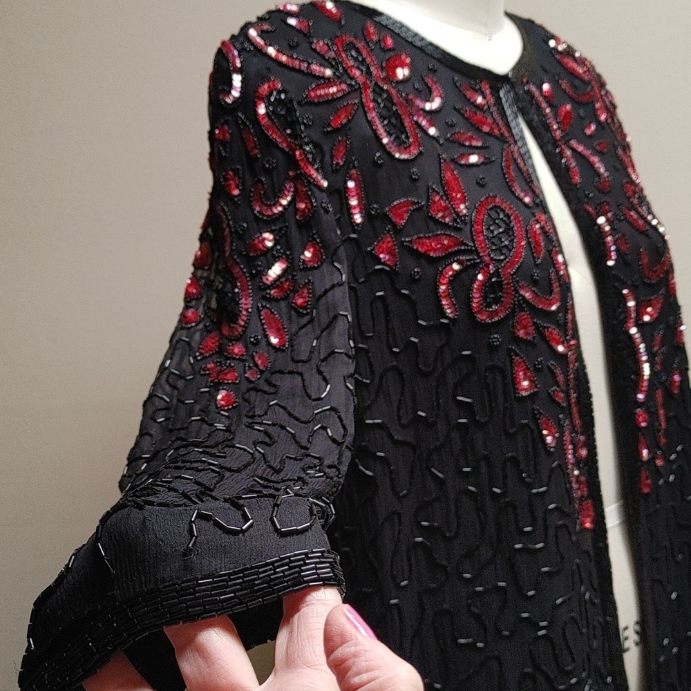 AP Ltd Black Silk Beaded w Red Sequins Top Size M - Picture 7 of 15